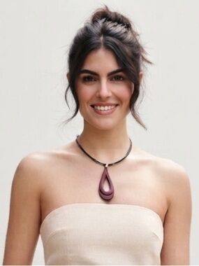 NWOT Boutique Leather Pendant Choker Necklace Black Cord Silver Hardware